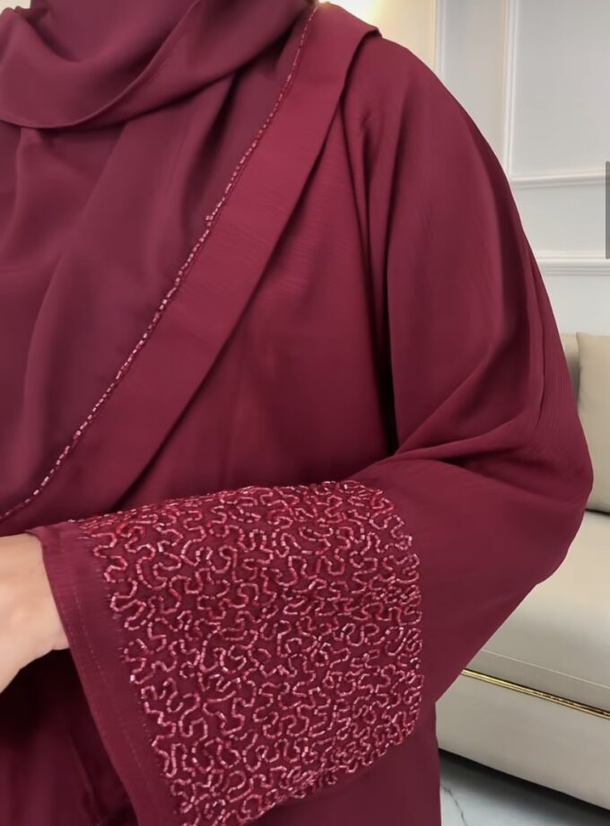 Maroon Beaded Sleeves Abaya